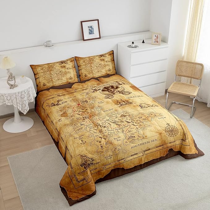 Feelyou Nautical Island Map Soft Comforter Set Kids Vintage Old Map Pirate Ship Bedding Set Ocean Ancient Pirate Skull Quilt Set Decor Bedroom Collection 2Pcs Twin Size