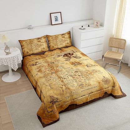Feelyou Nautical Island Map Soft Comforter Set Kids Vintage Old Map Pirate Ship Bedding Set Ocean Ancient Pirate Skull Quilt Set Decor Bedroom Collection 2Pcs Twin Size