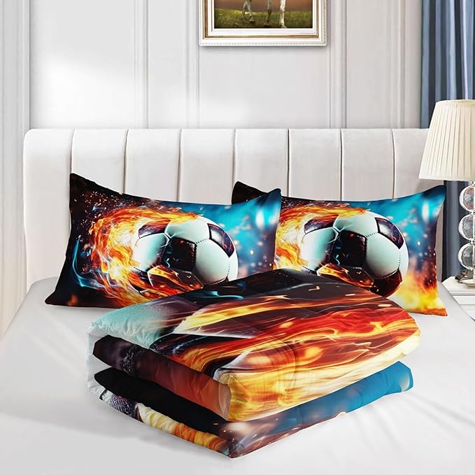 Kids Comforter Set Colorful Flame Soccer Printed Pattern Bedding Set with 1 Comforter and 2 Pillowcases for Girls Boys Bedroom All Season(B-Colorful Flame Soccer Full)