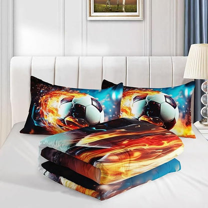 Kids Comforter Set Colorful Flame Soccer Printed Pattern Bedding Set with 1 Comforter and 2 Pillowcases for Girls Boys Bedroom All Season(B-Colorful Flame Soccer Full)