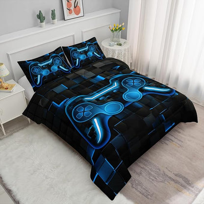 Axolotl Gamepad Comforter Set Queen Size,Blue Grid Print Bedding Set,Boy Gaming Console Comforter Set,Modern Gaming controller Geometry Bedding Set for Adult Teens Men,1 Quilt 2 Pillowcases,Blue Black