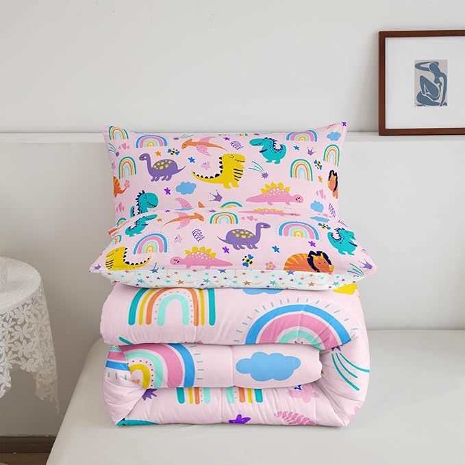 Feelyou Girls Pink Dinosaur Toddler Bedding Sets King Size Purple Green Dinosaurs Comforter Set Cute Cartoon Dino Rainbow Down Comforter Quilt Kids Room Decor Reversible Stars Bed Set for All Seasons