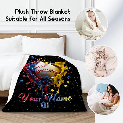 Personalized Baseball Blanket, Custom Baseball Gifts for Kids Boys Men, Sport Throw Blankets for Adults Team Player, Soft Flannel Throws Gift Home Decor (Colorful, 30x40 Inch)