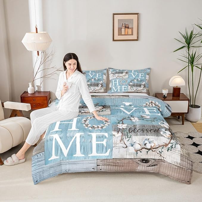 Rustic Farmhouse Bedding Set King Size Blue White Patchwork Wooden Board Comforter Set Cotton Flowers Quilt Set for Kids Women Youth Family Home Decor Botanical Floral Duvet Insert 3pcs