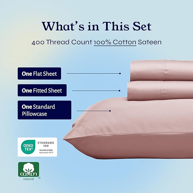 California Design Den Twin XL Bed Sheets Set - 400 Thread Count Sateen, Natural 100% Cotton Twin XL Sheet Set, Deep Pockets, All Around Elastic, Durable Bedding for Dorm Room - Mauve