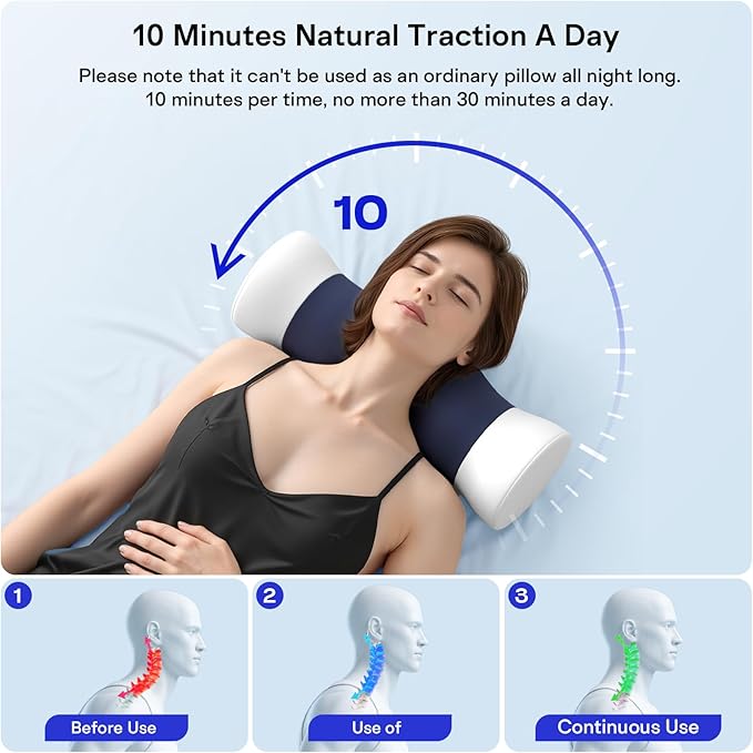 Cervical Roll Pillow - Ergonomic Design Round Neck Pillow Roll with Cooling Cover - Memory Foam Cylinder Bolster Pillows for Neck Support, Leg, Back, Yoga (Blue White)