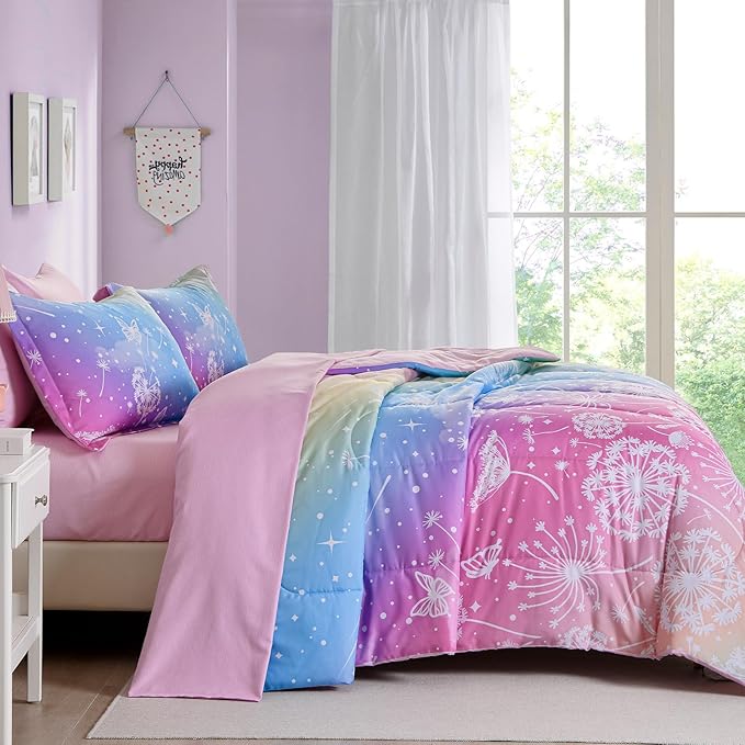 Menghomeus Girls Comforter Set Twin Size 5 Pieces Bed in A Bag Ombre Pink Rainbow Bedding Set Dandelion Butterfly Print Kids Bedding Collections