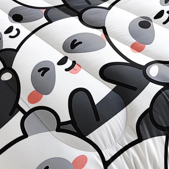 Kawaii Cartoon Black White Panda Bedding Animal Themed Comforter 3Pcs Twin Bear Pattern Bedding Set for Kids Teens Girls Boys Bed Decor Emoticon Panda Quilt with 1 Comforter and 2 Pillowcases