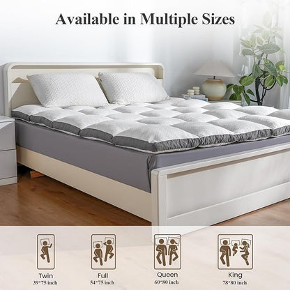 Queen Mattress Topper - Pillow Top Mattress Topper Queen Size Bed, Extra Thick Soft Plush Bed Topper for Back Pain Relief, White，Oeko-TEX Certified - 2000GSM