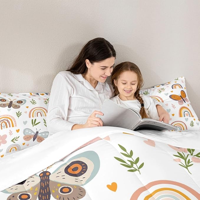 Boho Rainbow Comforter Set Queen Size Cute Butterfly Bedding Set 3Pcs for Kids Girls Boys Adult Room Decor Cartoon Love Heart Palm Leaves Quilt Set Animals Botanical Duvet Insert,2 Pillowcase