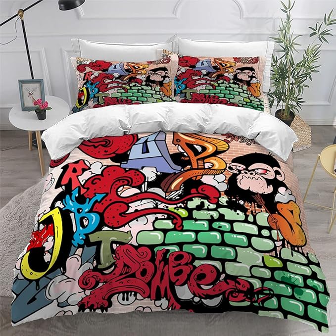 Men Duvet Cover Set Full Queen Size 3Pieces Comforter Cover Bedding Set for Boys Teens 3D Graffiti Art Quilt Cover with Pillow Shames No Comforter Inside(TY106, Full/Queen)
