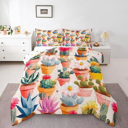 Watercolor Cactus Comforter Set Toddler Size for Kids Tropical Wild Flower Bedding Sets All Season Desert Botanical Quilt Set Bedroom Decor Nature Green Plant Down Comforter,2Pcs