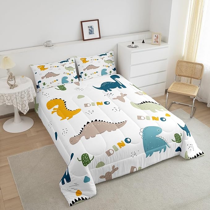 Feelyou Cute Dinosaur Comforter Set Cartoon Cactus Bedding Set Decor Jungle Dino Boho Succulent Comforter Wild Animal Pattern Yellow Grey Duvet Set Bedroom Quilt Set 2Pcs Twin with 1 Pillow Case