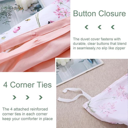 URBONUR Floral Duvet Cover Set King Size Pink 3 Piece Spring Garden Flowers Bee Print Duvet Covers for Girls Women Soft Microfiber Bedding Set