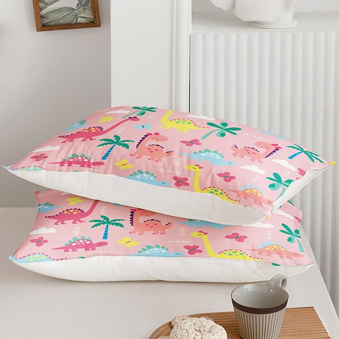 Axolotl Cute Dinosaur Comforter Set Queen,Colorful Dinosaur Girls Bedding Set,Dinosaurs Print Comforter Sets Botanical Palm Trees,Butterfly Bedding Set for Kids Girls Teens,1 Quilt 2 Pillowcases,Pink