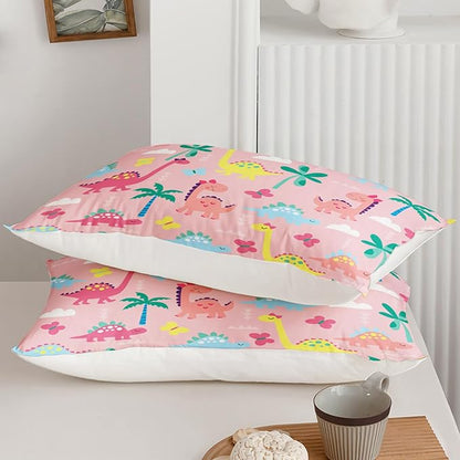 Axolotl Cute Dinosaur Comforter Set Queen,Colorful Dinosaur Girls Bedding Set,Dinosaurs Print Comforter Sets Botanical Palm Trees,Butterfly Bedding Set for Kids Girls Teens,1 Quilt 2 Pillowcases,Pink