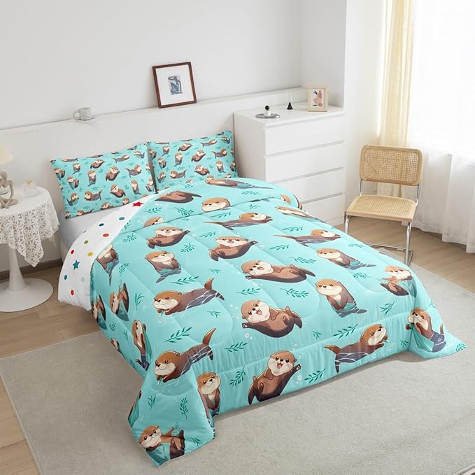 Otter Kids Comforter Set,Cute Cartoon Wild Animals Bedding Set for Boys Girls Teens,Green Plants Water Bubbles Graffiti Quilted Comforter with 2 Pillowcases Queen Size 3 Pcs