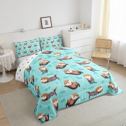 Otter Kids Comforter Set,Cute Cartoon Wild Animals Bedding Set for Boys Girls Teens,Green Plants Water Bubbles Graffiti Comforter Duvet Set with 1 Pillowcase Twin Size 2 Pcs