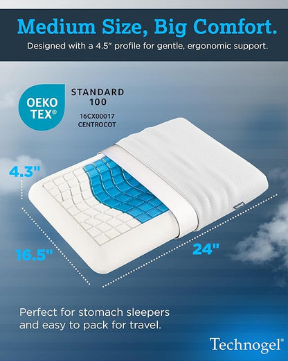 Medium Essential Gel Pillow – 4.5" Memory Foam w/ Cooling Gel Zone for Heat Reduction, Compact Profile for All Sleep Positions & Travel, Washable Cover, Pressure Relief & Neck Alignment – Italian-Made
