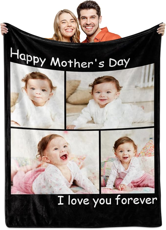 Yoke Style Ships Next Day, Mothers Day Blanket Gifts Custom Blanket with Photos Text, Picture Blankets Customized, Personalized Blankets and Throws Birthday Gifts for Mom Dad Girlfriend Women