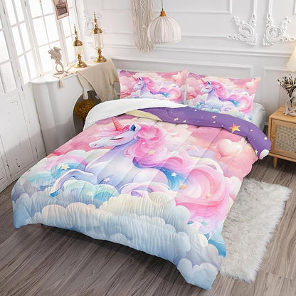 Kid Unicorn Comforter Set Twin Size 3Pcs Pink Galaxy Bedding Set Glitter Star Cloud Love Quilt Bed Set for Boys Girls with 1 Comforter and 2 Pillowcases