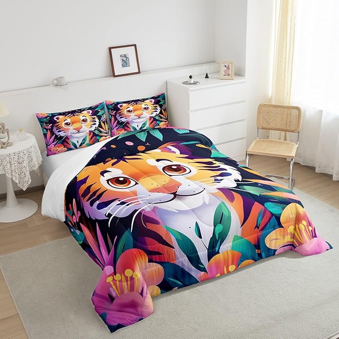 Tropical Tiger Bedding Set Queen Size Cute Jungle Animal Comforter for Child Teens Watercolor Blooming Flowers Down Comforter Green Leaves Duvet Insert with 2 Pillowcases