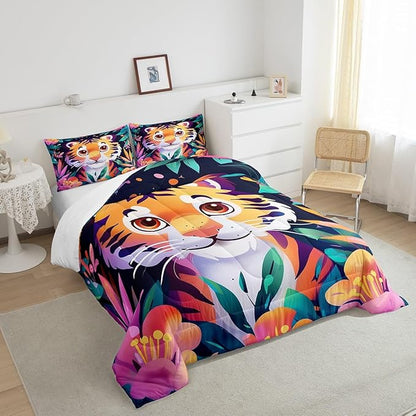 Tropical Tiger Bedding Set Queen Size Cute Jungle Animal Comforter for Child Teens Watercolor Blooming Flowers Down Comforter Green Leaves Duvet Insert with 2 Pillowcases