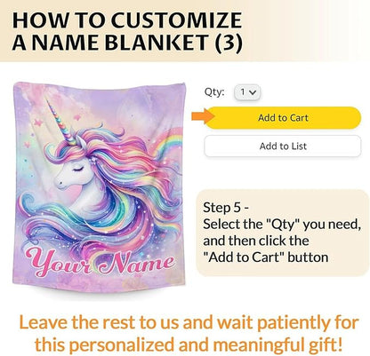 Custom Unicorn Blanket with Name, Unicorn Blanket for Girls 1-3, 40 x 30 Inches Soft Fuzzy Blanket for Girls, Unicorn Lovers, Cozy Blanket, Warm Flannel Throw Blanket for Sofa Room Decor, Chair