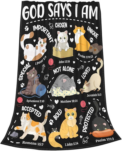Cat Throw Blanket,Bible Verse Blanket, Christian Gifts, God Says I am Print Blankets, Meaningful Thoughtful Religious Gifts for Girls,Cat Lover Room Bed Decoration, 30"x40"