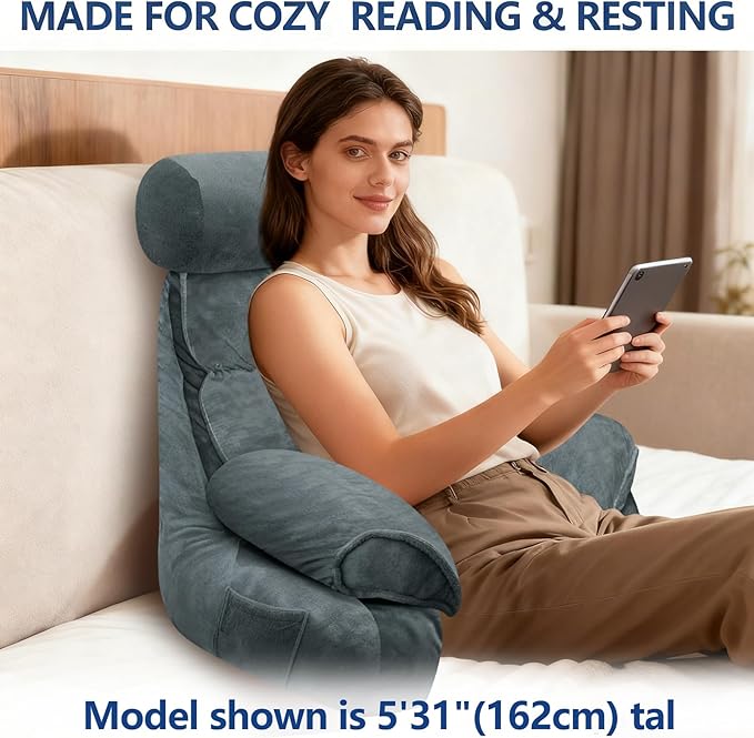 FXXUDVNIIN Back Pillow for Bed Sitting Up – Reading Pillow with 9.4" Armrest, Bed Pillow for Sitting Up & TV Pillows for Relaxing, Floor Pillow, Back Support Pillow for Adults