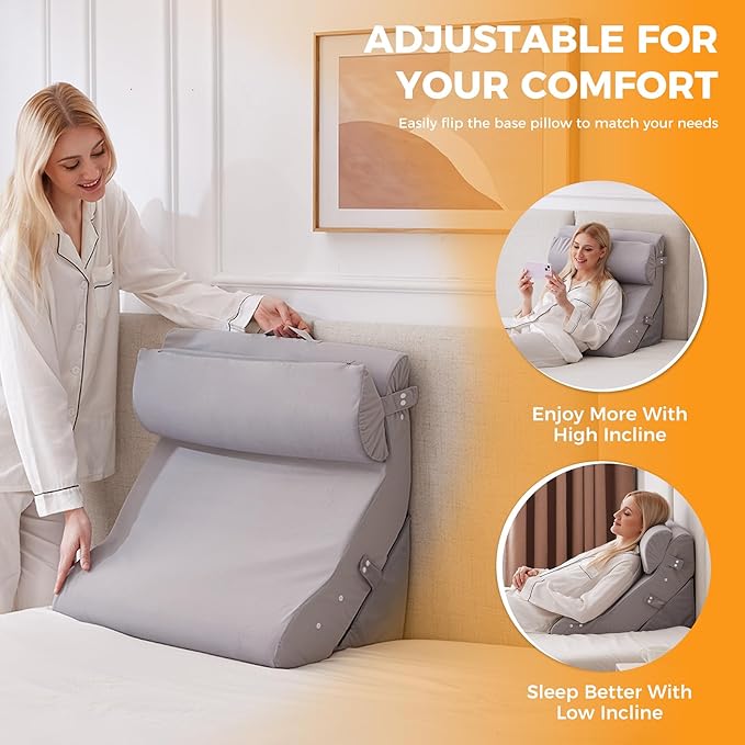 3PCS Wedge Pillow Set for After Surgery, 10-in-1 Adjustable Wedge Pillow for Acid Reflux Relief, Bed Wedge Pillows for Sleeping, Snoring & Back Pain Relief, Sit up Pillow for Bed, Plush Grey