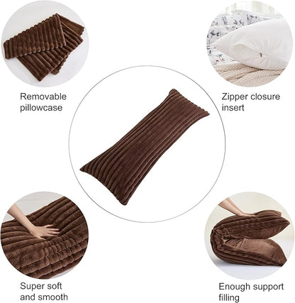Full Body Pillow with Fluffy Stripe Faux Fur Removable Cover, Long Bed Pillow Adult 20x54 Inches for Side Sleeper and Pregnancy, Coffee.