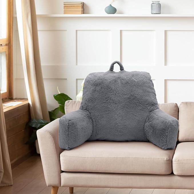 Reading Pillow Large Bed Pillow,Backrest Pillow with Arms, Back Support Pillow for Sitting Up in Bed, Couch for Adults Lounging Bedrest,Grey