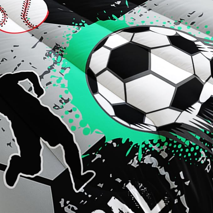 Soccer Bedding Comforter Set Full Size,Football Baseball Printing Ball Gamer Bedding Set,Sports Themed Room Decor for Teens Boys,Gray Black Hexagonal Pattern Comforter Set with 2 Pillowcases.