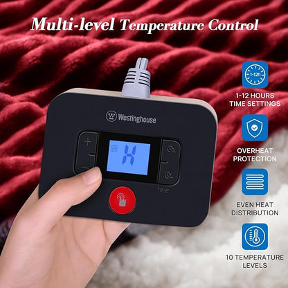 Westinghouse King Size Heated Blanket, Soft Flannel to Sherpa Reversible Electric Blanket King Size with 10 Heating Levels & 1-12 Hours Auto Shut Off, Machine Washable, (100" x 90", Red)