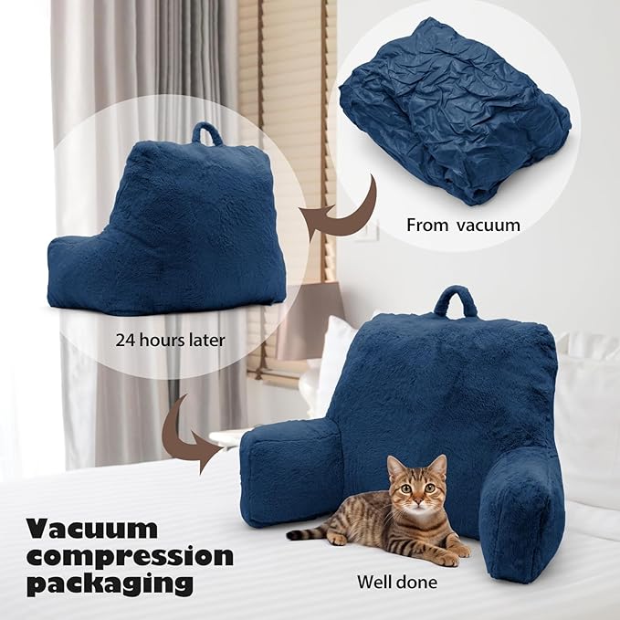 Reading Pillow Large Bed Pillow,Backrest Pillow with Arms, Back Support Pillow for Sitting Up in Bed, Couch for Adults Lounging Bedrest,Blue