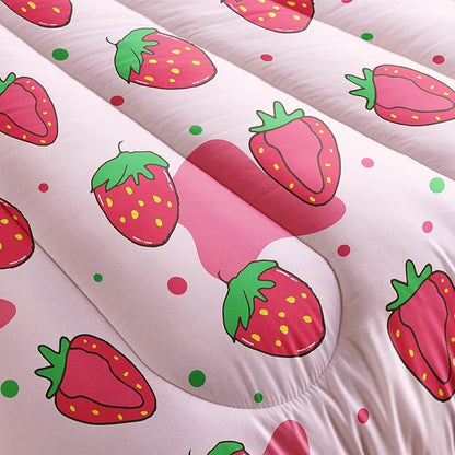 QOOMO Kawaii Comforter Queen,Pink Strawberry Comforter Set for Kids Teens Girls,3Pcs Bedding Set Printed Comforter with 2 Pillowcases,Down Alternative,Soft and Lightweight，Queen Size