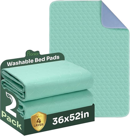 Hide Stains Bed Pads Washable Waterproof for Incontinence, 4-Layer Absorbency Pee Pads, Washable Underpad, Bed Wetting Pad for Elderly, Adults, Pets, 36"x52"-2 Pack, Green