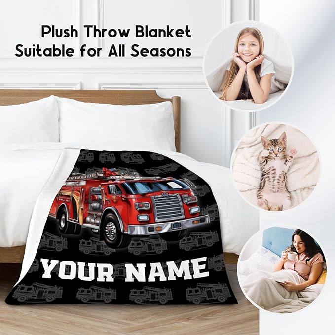 Toddler Blankets for Boys, Personalized Cozy Soft Fire Truck Throw Gifts for Kids, Black Flannel Firefighter Blankets for Couch Office, 30x40 Inches