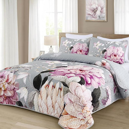 Drucon Floral Quilt King Size - 3 Pieces Grey Quilt Botanical Bedspread Soft Lightweight Flower Bedding Set for All Season (104"x90")