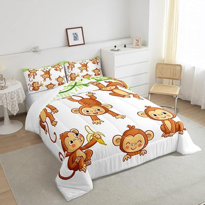 Feelyou Kids Cute Monkeys Bedding Set Cartoon Monkey Banana Decor Comforter for Kids Boys Girls Wild Animal Pattern Comforter Set Natural Wildlife Quilt Set Bedroom Collection 3Pcs Queen Size