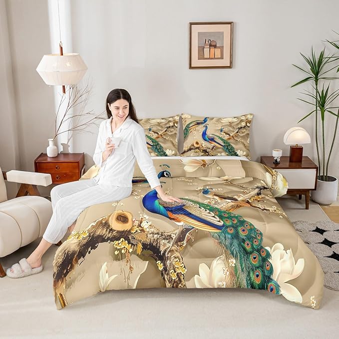 Feelyou Peacock Comforter Peacock with Floral Bedding Set for Kids Adults Girls Animals Comforter Set Botanical Quilt Set 1 Comforter Set with 2 Pillowcases Queen Size
