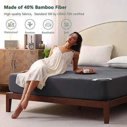 King Size Waterproof Mattress Protector, 40% Rayon Derived from Bamboo Grey Mattress Pad Cover, 3D Air Fabric Breathable Mattress Pad Fitted with Deep Pocket 6"- 15" Machine Washable