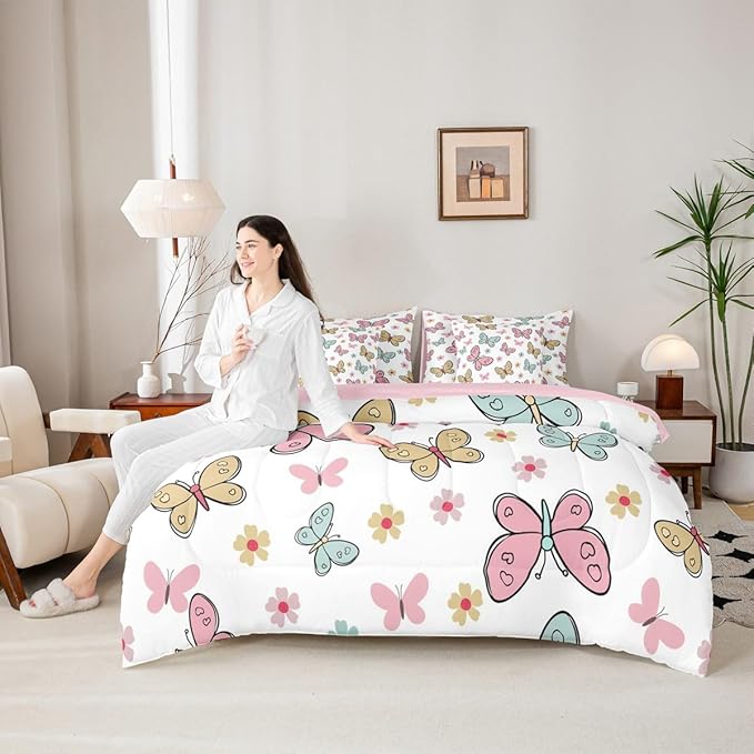 Feelyou Cute Butterfly 7 Piece Bedding Set Kawaii Flower Comforter Set with Sheets for Kids Boys Girls Pink Blue Yellow Bed in a Bag Nutrue Theme Bed Set Soft Lightweight