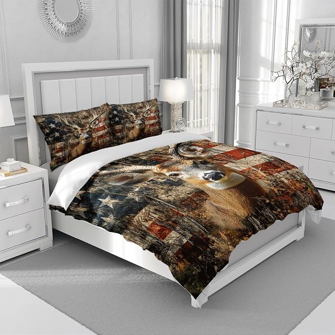 Deer Full Duvet Cover Sets,Deer and American Flag Bedding Sets for Hunter Bedroom Decor, 1 Duvet Cover 2 Pillowcases Comforter Cover for Adult Teen boy,Full