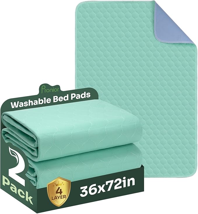 Hide Stains Bed Pads Washable Waterproof for Incontinence, 4-Layer Absorbency Pee Pads, Washable Underpad, Bed Wetting Pad for Elderly, Adults, Pets, 36"x72"-2 Pack, Green