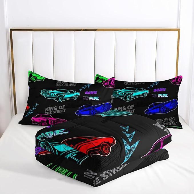 AILONEN Racing Car Comforter Set Twin Size, Fast and Furious Extreme Sport Games Bedding Sets for Kids Boys Teens,Cartoon Sports Car Bed in a Bag,1 Quilt and 2 Pillowcases,3 Pieces