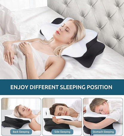 Cervical Neck Pillow for Neck & Shoulder, Ergonomic Contour Memory Foam Pillows for Sleeping with Washable Pillowcase, Neck Support Pillow for Back Stomach Side Sleeper Standard Size Black