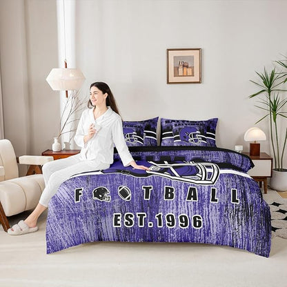 Erosebridal Rugby Football Bed in A Bag Sports Helmet Bedding Set for Boys Girls Women Men Football Silhouette Rugby Decor Comforter Sets with Sheets Queen Size 7Pcs