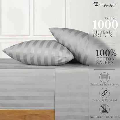 URBANHUT 1000 Thread Count Egyptian Cotton Sheets Damask Striped Queen Size, Breathable Long Staple, 4 Pc Bed Sheet Sets, Luxury Hotel Sateen Sheets Fits 16" Deep Pocket - Silver Grey